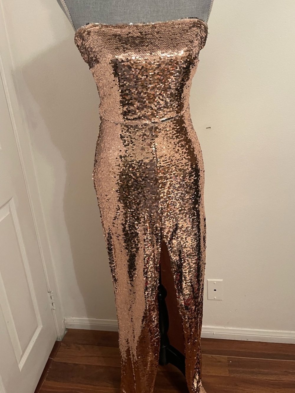 Lovers + Friends Rose Gold Sequin Strapless Gown.Size XS